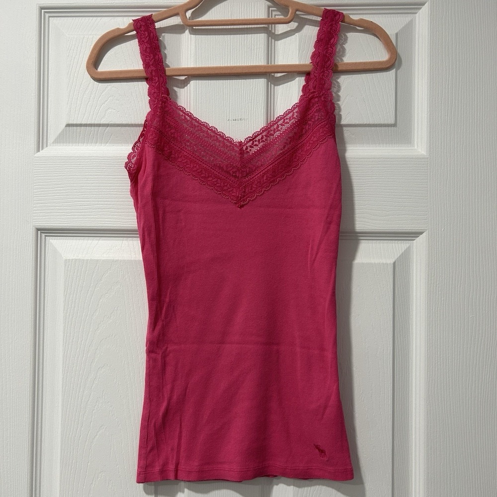 Y2K Abercrombie & Fitch Vintage Pink Lace Trim Cami Tank Top Sz Small Moose Logo